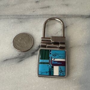 Silver-tone Padlock Pendant/Keychain with Turquoise Inlay